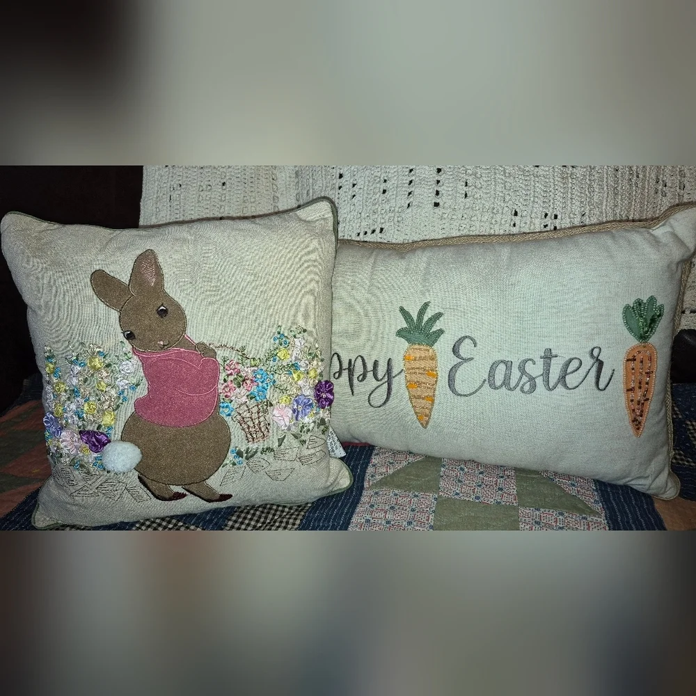 Set of 2 EASTER PILLOWS, 3D BUNNY W/ SEWN ON FLOWERS & BEADED CARROTS PILLOW